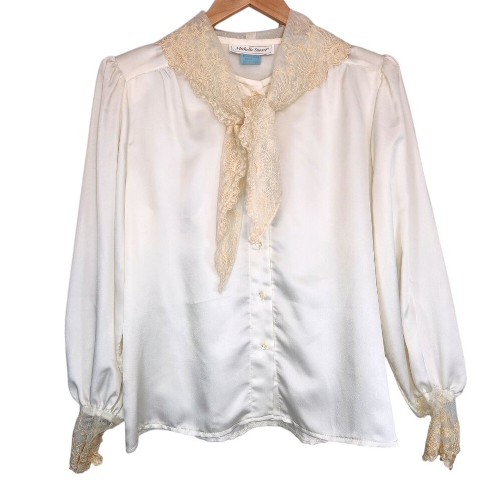 Vintage 80s Satin Lace Shawl Neck Button Down Cream White Cape Regency Victorian - Picture 1 of 10